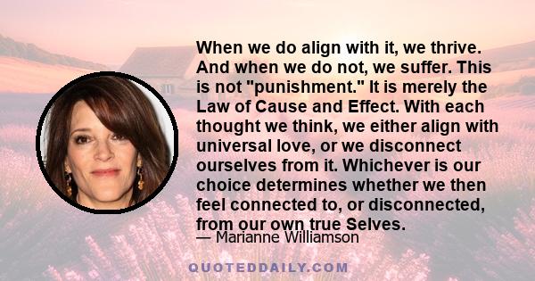 When we do align with it, we thrive. And when we do not, we suffer. This is not punishment. It is merely the Law of Cause and Effect. With each thought we think, we either align with universal love, or we disconnect