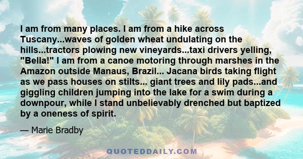 I am from many places. I am from a hike across Tuscany...waves of golden wheat undulating on the hills...tractors plowing new vineyards...taxi drivers yelling, Bella! I am from a canoe motoring through marshes in the