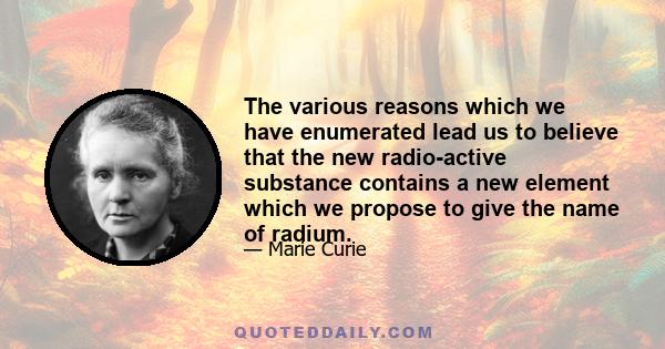 The various reasons which we have enumerated lead us to believe that the new radio-active substance contains a new element which we propose to give the name of radium.