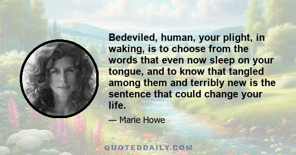 Bedeviled, human, your plight, in waking, is to choose from the words that even now sleep on your tongue, and to know that tangled among them and terribly new is the sentence that could change your life.