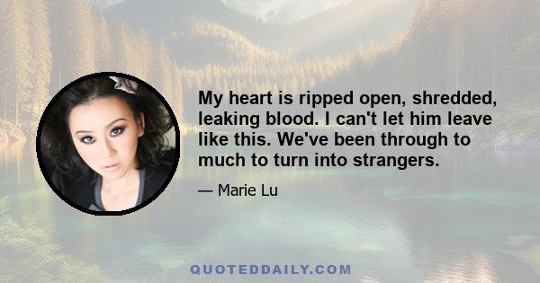 My heart is ripped open, shredded, leaking blood. I can't let him leave like this. We've been through to much to turn into strangers.