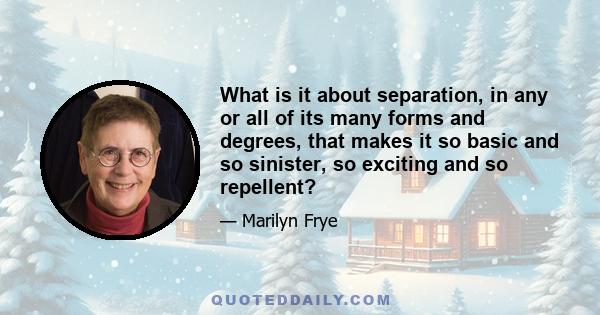 What is it about separation, in any or all of its many forms and degrees, that makes it so basic and so sinister, so exciting and so repellent?