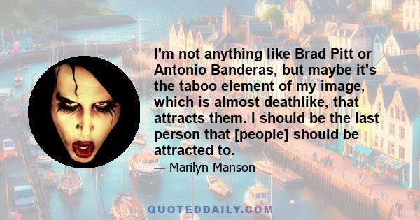 I'm not anything like Brad Pitt or Antonio Banderas, but maybe it's the taboo element of my image, which is almost deathlike, that attracts them. I should be the last person that [people] should be attracted to.