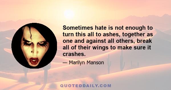 Sometimes hate is not enough to turn this all to ashes, together as one and against all others, break all of their wings to make sure it crashes.