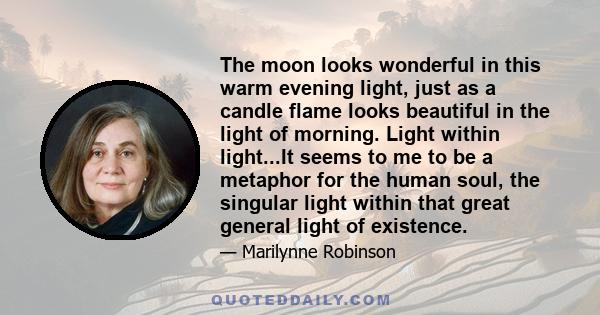 The moon looks wonderful in this warm evening light, just as a candle flame looks beautiful in the light of morning. Light within light...It seems to me to be a metaphor for the human soul, the singular light within