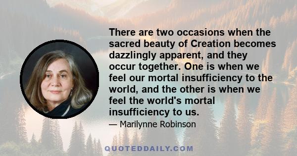 There are two occasions when the sacred beauty of Creation becomes dazzlingly apparent, and they occur together. One is when we feel our mortal insufficiency to the world, and the other is when we feel the world's