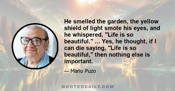 He smelled the garden, the yellow shield of light smote his eyes, and he whispered, Life is so beautiful. ... Yes, he thought, if I can die saying, Life is so beautiful, then nothing else is important.