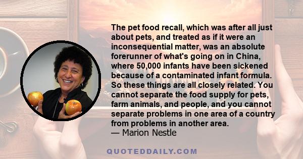 The pet food recall, which was after all just about pets, and treated as if it were an inconsequential matter, was an absolute forerunner of what's going on in China, where 50,000 infants have been sickened because of a 