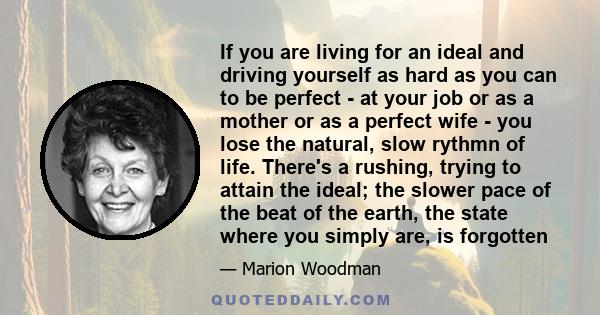 If you are living for an ideal and driving yourself as hard as you can to be perfect - at your job or as a mother or as a perfect wife - you lose the natural, slow rythmn of life. There's a rushing, trying to attain the 