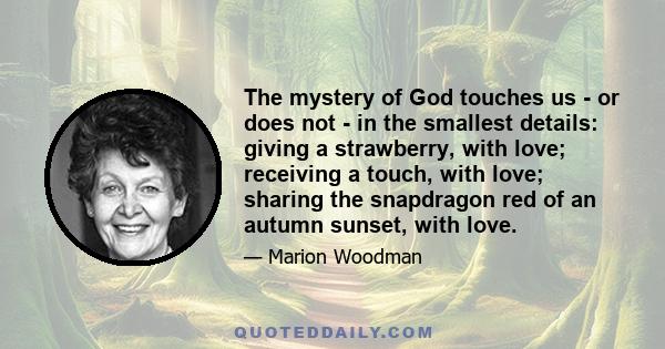 The mystery of God touches us - or does not - in the smallest details: giving a strawberry, with love; receiving a touch, with love; sharing the snapdragon red of an autumn sunset, with love.