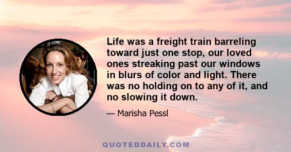 Life was a freight train barreling toward just one stop, our loved ones streaking past our windows in blurs of color and light. There was no holding on to any of it, and no slowing it down.