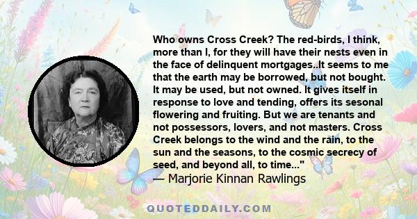 Who owns Cross Creek? The red-birds, I think, more than I, for they will have their nests even in the face of delinquent mortgages..It seems to me that the earth may be borrowed, but not bought. It may be used, but not