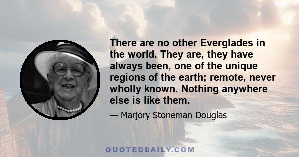 There are no other Everglades in the world. They are, they have always been, one of the unique regions of the earth; remote, never wholly known. Nothing anywhere else is like them.