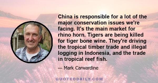 China is responsible for a lot of the major conservation issues we're facing. It's the main market for rhino horn. Tigers are being killed for tiger bone wine. They're driving the tropical timber trade and illegal