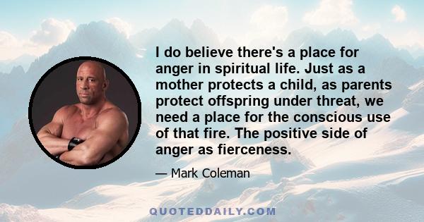 I do believe there's a place for anger in spiritual life. Just as a mother protects a child, as parents protect offspring under threat, we need a place for the conscious use of that fire. The positive side of anger as