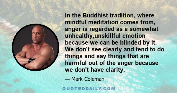 In the Buddhist tradition, where mindful meditation comes from, anger is regarded as a somewhat unhealthy,unskillful emotion because we can be blinded by it. We don't see clearly and tend to do things and say things