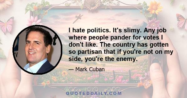 I hate politics. It's slimy. Any job where people pander for votes I don't like. The country has gotten so partisan that if you're not on my side, you're the enemy.