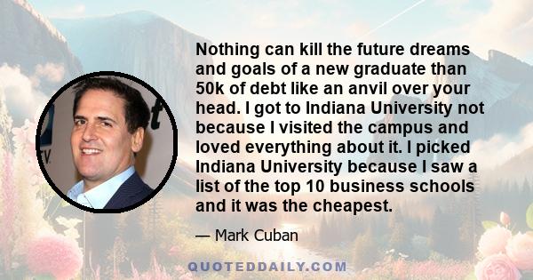 Nothing can kill the future dreams and goals of a new graduate than 50k of debt like an anvil over your head. I got to Indiana University not because I visited the campus and loved everything about it. I picked Indiana