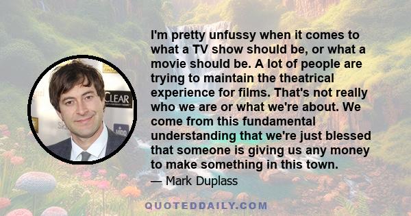 I'm pretty unfussy when it comes to what a TV show should be, or what a movie should be. A lot of people are trying to maintain the theatrical experience for films. That's not really who we are or what we're about. We