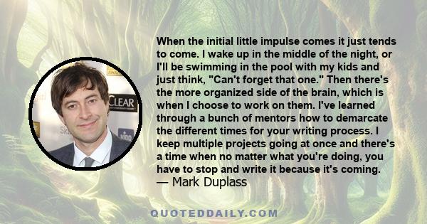 When the initial little impulse comes it just tends to come. I wake up in the middle of the night, or I'll be swimming in the pool with my kids and just think, Can't forget that one. Then there's the more organized side 