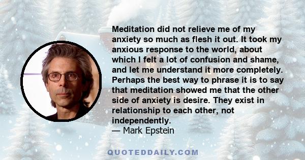 Meditation did not relieve me of my anxiety so much as flesh it out. It took my anxious response to the world, about which I felt a lot of confusion and shame, and let me understand it more completely. Perhaps the best