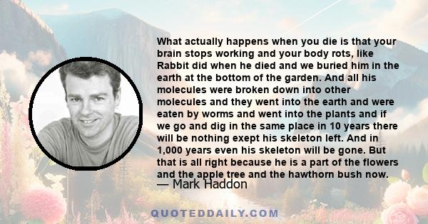 What actually happens when you die is that your brain stops working and your body rots, like Rabbit did when he died and we buried him in the earth at the bottom of the garden. And all his molecules were broken down