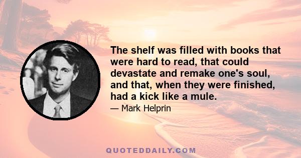 The shelf was filled with books that were hard to read, that could devastate and remake one's soul, and that, when they were finished, had a kick like a mule.