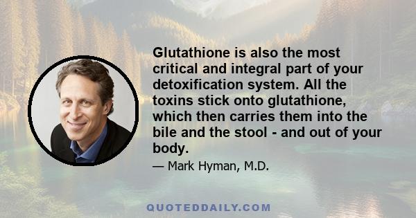 Glutathione is also the most critical and integral part of your detoxification system. All the toxins stick onto glutathione, which then carries them into the bile and the stool - and out of your body.