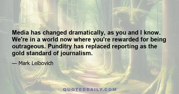 Media has changed dramatically, as you and I know. We're in a world now where you're rewarded for being outrageous. Punditry has replaced reporting as the gold standard of journalism.