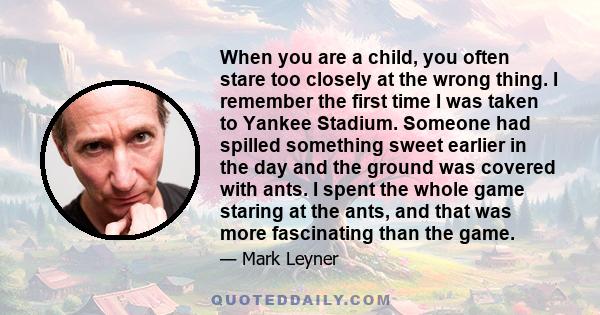 When you are a child, you often stare too closely at the wrong thing. I remember the first time I was taken to Yankee Stadium. Someone had spilled something sweet earlier in the day and the ground was covered with ants. 