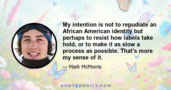 My intention is not to repudiate an African American identity but perhaps to resist how labels take hold, or to make it as slow a process as possible. That's more my sense of it.