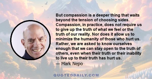 But compassion is a deeper thing that waits beyond the tension of choosing sides. Compassion, in practice, does not require us to give up the truth of what we feel or the truth of our reality. Nor does it allow us to