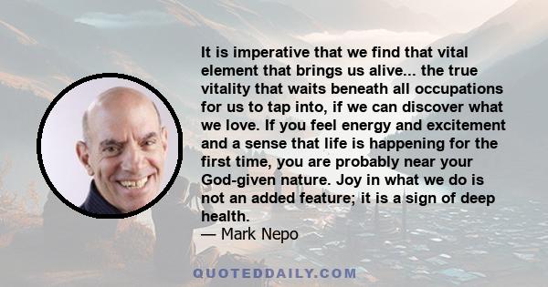 It is imperative that we find that vital element that brings us alive... the true vitality that waits beneath all occupations for us to tap into, if we can discover what we love. If you feel energy and excitement and a