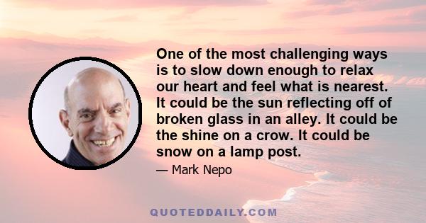 One of the most challenging ways is to slow down enough to relax our heart and feel what is nearest. It could be the sun reflecting off of broken glass in an alley. It could be the shine on a crow. It could be snow on a 