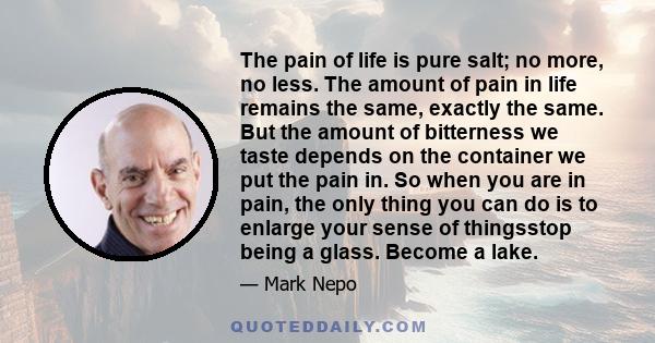 The pain of life is pure salt; no more, no less. The amount of pain in life remains the same, exactly the same. But the amount of bitterness we taste depends on the container we put the pain in. So when you are in pain, 