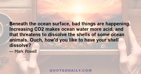 Beneath the ocean surface, bad things are happening. Increasing CO2 makes ocean water more acid, and that threatens to dissolve the shells of some ocean animals. Ouch, how'd you like to have your shell dissolve?