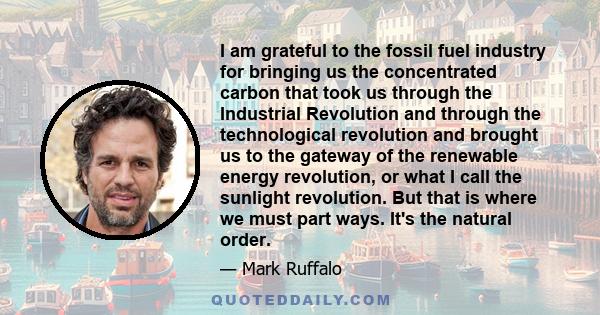 I am grateful to the fossil fuel industry for bringing us the concentrated carbon that took us through the Industrial Revolution and through the technological revolution and brought us to the gateway of the renewable