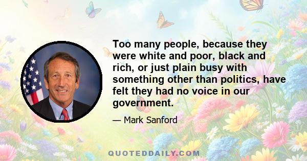 Too many people, because they were white and poor, black and rich, or just plain busy with something other than politics, have felt they had no voice in our government.