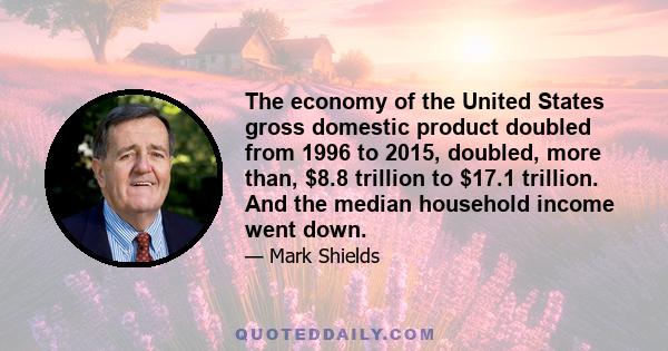 The economy of the United States gross domestic product doubled from 1996 to 2015, doubled, more than, $8.8 trillion to $17.1 trillion. And the median household income went down.