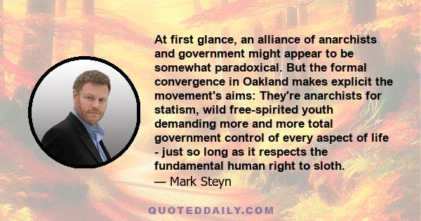 At first glance, an alliance of anarchists and government might appear to be somewhat paradoxical. But the formal convergence in Oakland makes explicit the movement's aims: They're anarchists for statism, wild