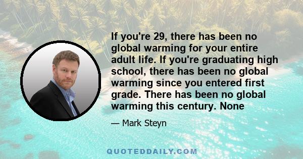 If you're 29, there has been no global warming for your entire adult life. If you're graduating high school, there has been no global warming since you entered first grade. There has been no global warming this century. 