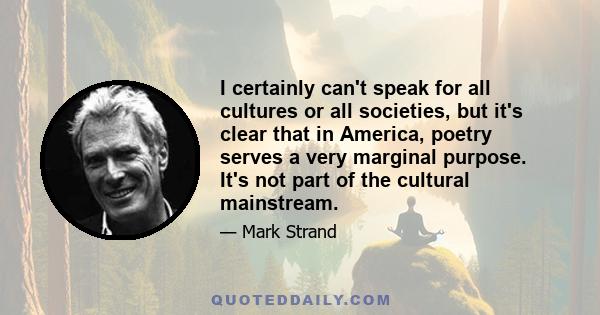 I certainly can't speak for all cultures or all societies, but it's clear that in America, poetry serves a very marginal purpose. It's not part of the cultural mainstream.