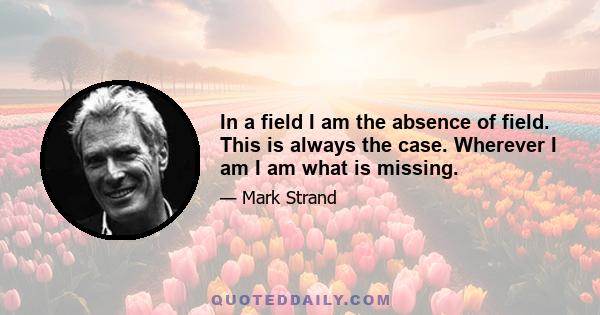 In a field I am the absence of field. This is always the case. Wherever I am I am what is missing.