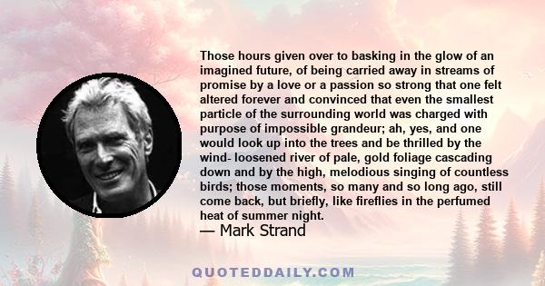 Those hours given over to basking in the glow of an imagined future, of being carried away in streams of promise by a love or a passion so strong that one felt altered forever and convinced that even the smallest