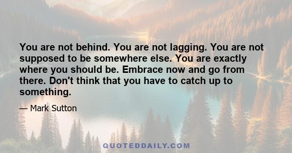 You are not behind. You are not lagging. You are not supposed to be somewhere else. You are exactly where you should be. Embrace now and go from there. Don't think that you have to catch up to something.