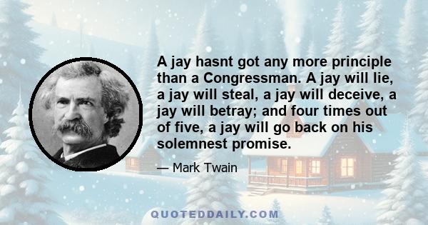 A jay hasnt got any more principle than a Congressman. A jay will lie, a jay will steal, a jay will deceive, a jay will betray; and four times out of five, a jay will go back on his solemnest promise.