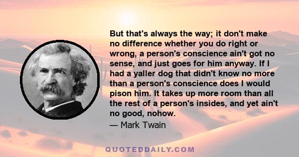 But that's always the way; it don't make no difference whether you do right or wrong, a person's conscience ain't got no sense, and just goes for him anyway. If I had a yaller dog that didn't know no more than a