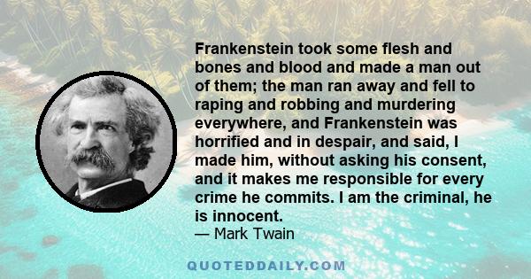 Frankenstein took some flesh and bones and blood and made a man out of them; the man ran away and fell to raping and robbing and murdering everywhere, and Frankenstein was horrified and in despair, and said, I made him, 