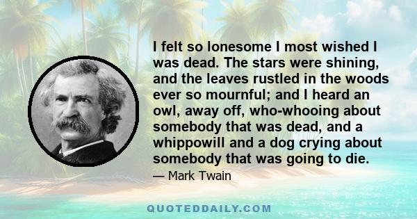 I felt so lonesome I most wished I was dead. The stars were shining, and the leaves rustled in the woods ever so mournful; and I heard an owl, away off, who-whooing about somebody that was dead, and a whippowill and a