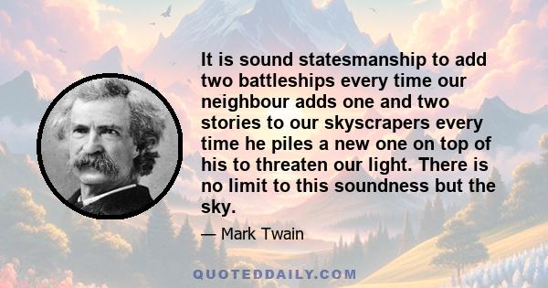 It is sound statesmanship to add two battleships every time our neighbour adds one and two stories to our skyscrapers every time he piles a new one on top of his to threaten our light. There is no limit to this